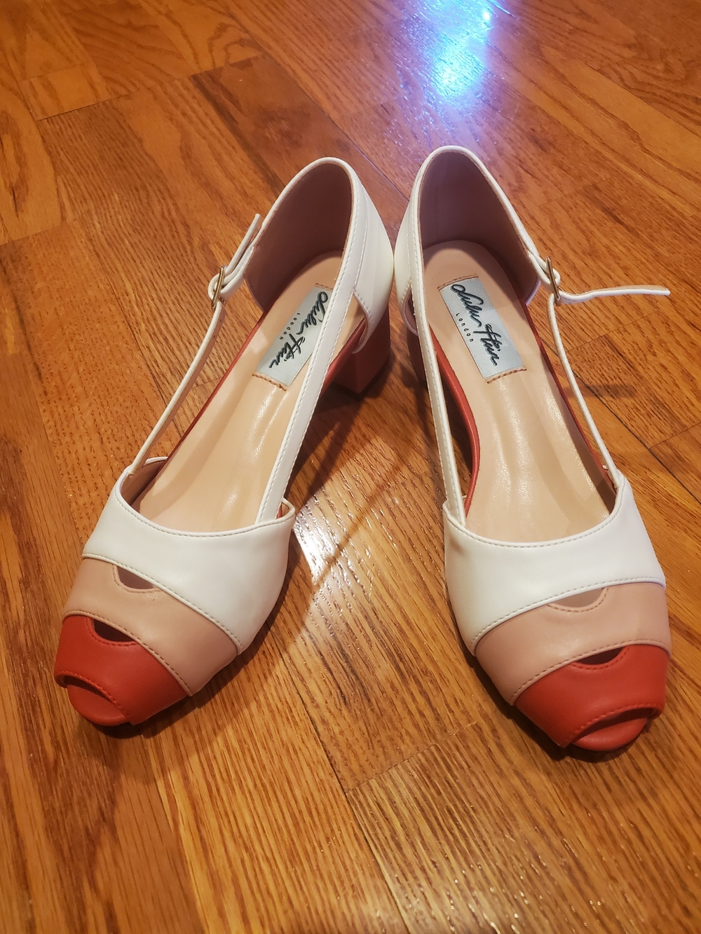 LuLu Hun Tri-Panel Peep-Toe Block Heels in White, Pink, Coral